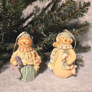 VTG Plum Pudding Snowman Pair Handpainted Resin Figurine Ornament Cottagecore